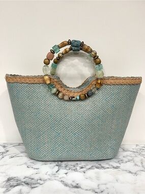 Cappelli pastel blue tan woven straw handbag tote colorful beaded handle coastal